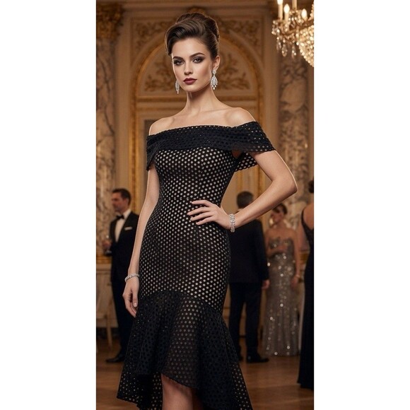 Jarlo Dresses & Skirts - JARLO Black Eyelet Sheer SZ 8 Off-Shoulder Ruffled Trumpet Dress Party Cocktail
